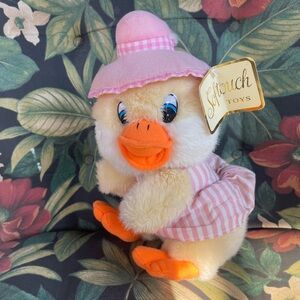 VINTAGE RARE Yellow Duck w/Pink  Dress & Hat 11" Stuffed Animal Toy